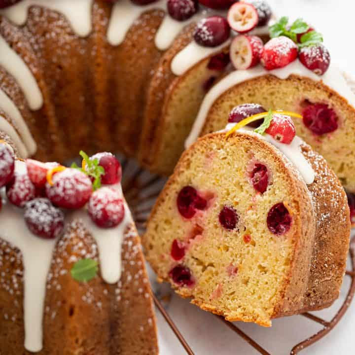 Gingerbread Bundt Cake with Sugared Cranberries and Lemon Glaze