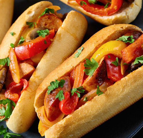 zesty sausage, pepper, mushroom and onion hoagies