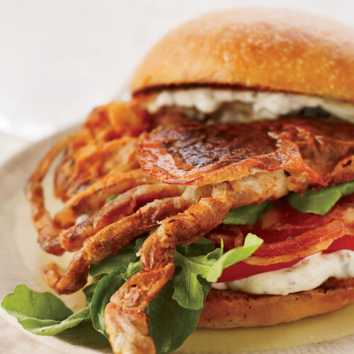 Soft Shell Crab with Bacon, Tomato, and Garlic Aioli on a Brioche Bun