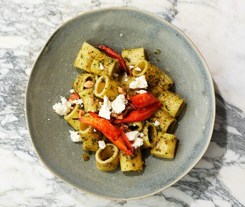 Mezzi Rigatoni with Parsley Pesto and Roasted Peppers and Red Onions