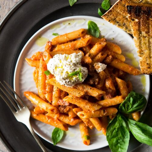 Penne with Tomato Cream Sauce, Pancetta, and Basil